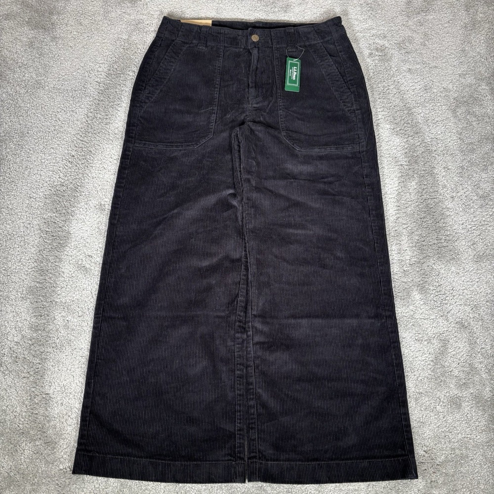 LL Bean Pants Womens 10 Petite Black 207 Vintage Corduroy Wide Leg High Rise NWT